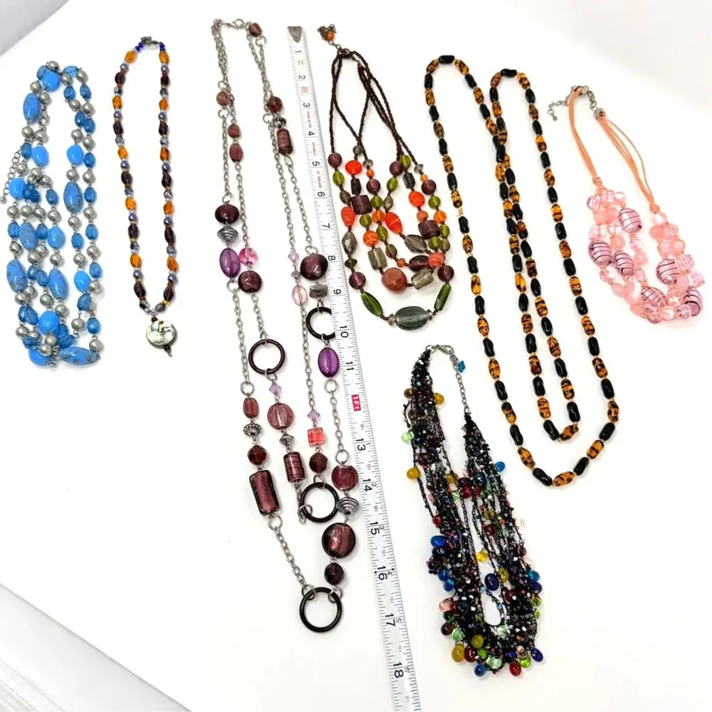 Lot 7 Art Glass Beaded Multi Strand Flapper Necklaces MOP Purple Pink Tortoise